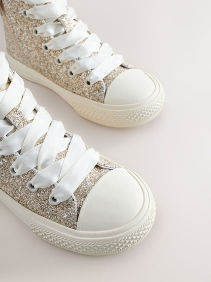 Ivory Glitter Wide Fit (G) Lace-Up High Top Trainers image 4