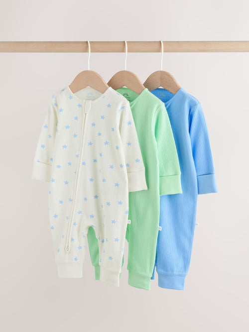 Blue/Green Star Way Zip Baby Sleepsuits 3 Pack (0mths-3yrs) image 1