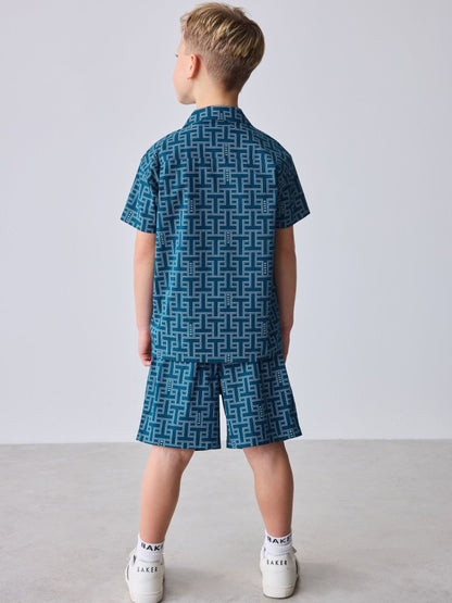 Baker by Ted Baker Blue All Over Print Shirt T-Shirt and Shorts Set image 6