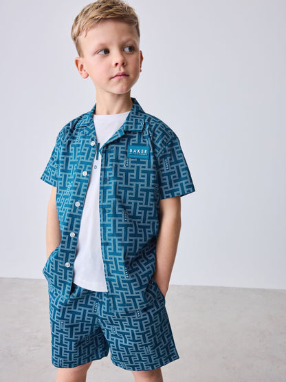 Baker by Ted Baker Blue All Over Print Shirt T-Shirt and Shorts Set image 1
