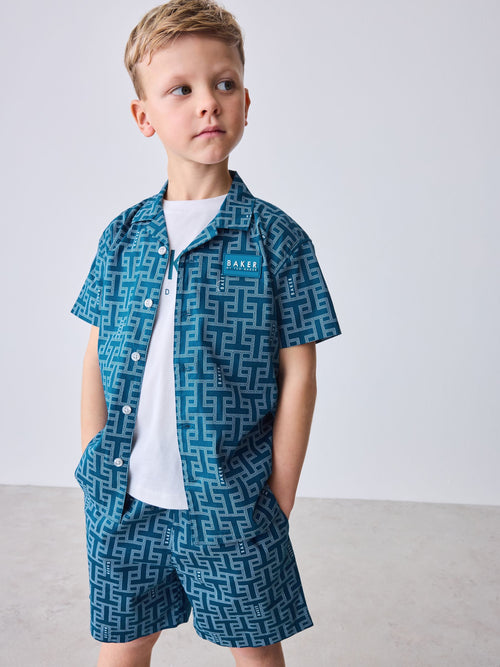 Baker by Ted Baker Blue All Over Print Shirt T-Shirt and Shorts Set image 1