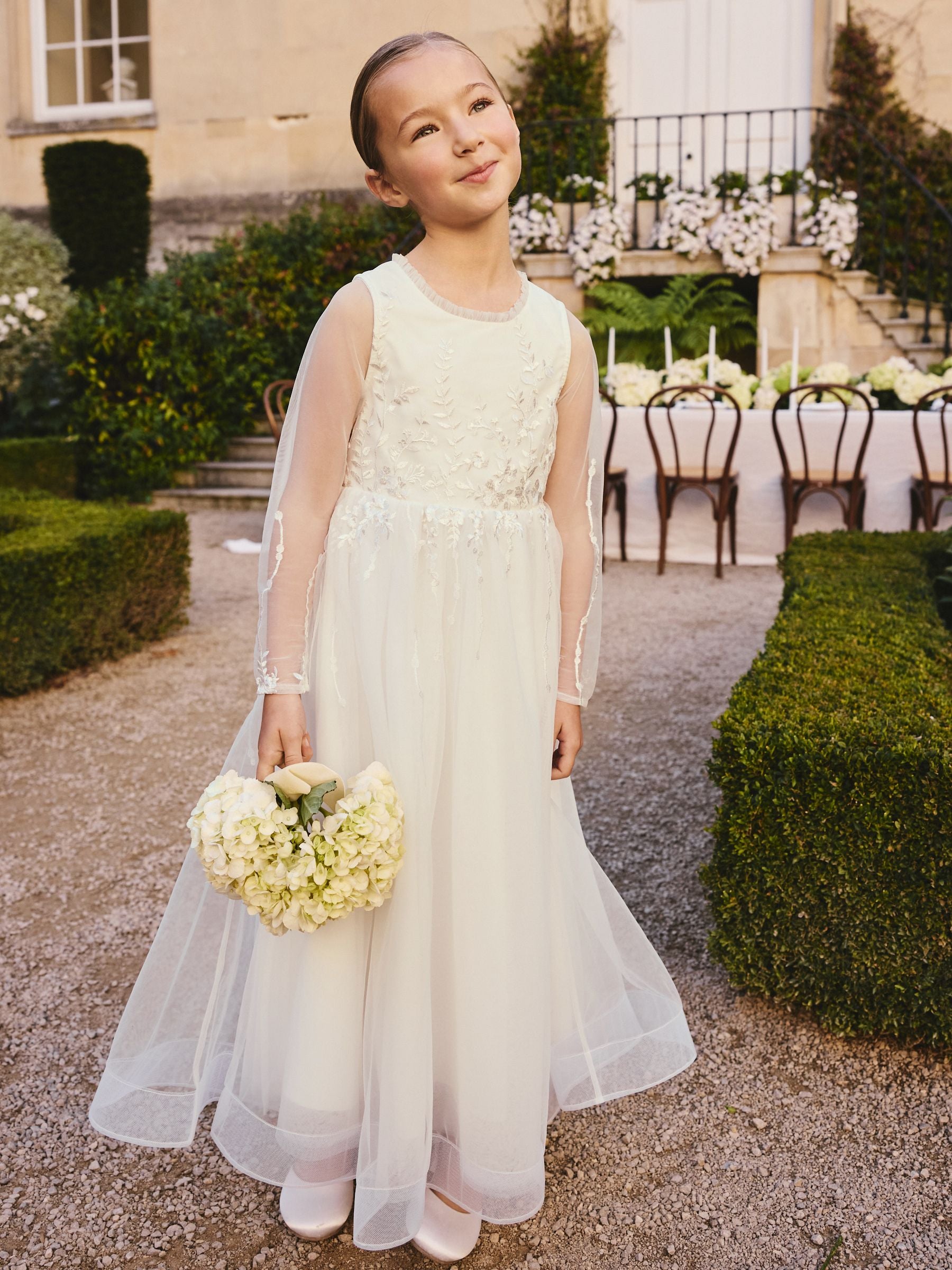 White Floral Embroidered Long Sleeve Flower Bow Dress (3-16yrs) image 2