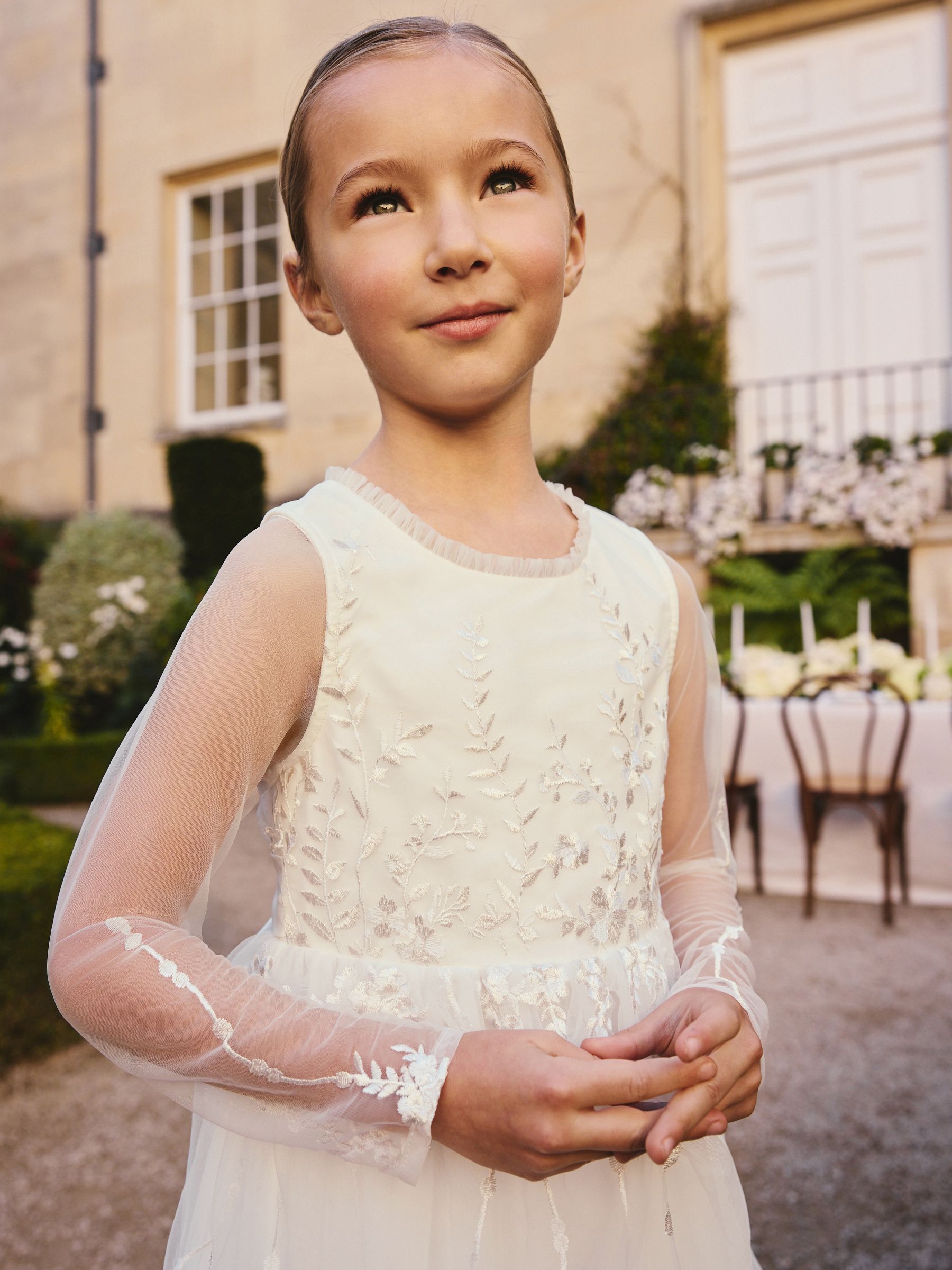 White Floral Embroidered Long Sleeve Flower Bow Dress (3-16yrs) image 5