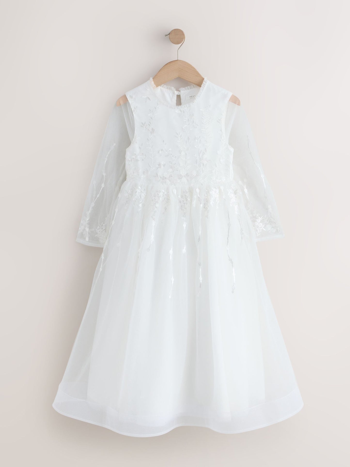 White Floral Embroidered Long Sleeve Flower Bow Dress (3-16yrs) image 6