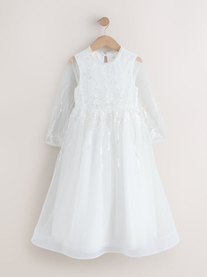 White Floral Embroidered Long Sleeve Flower Bow Dress (3-16yrs) image 6