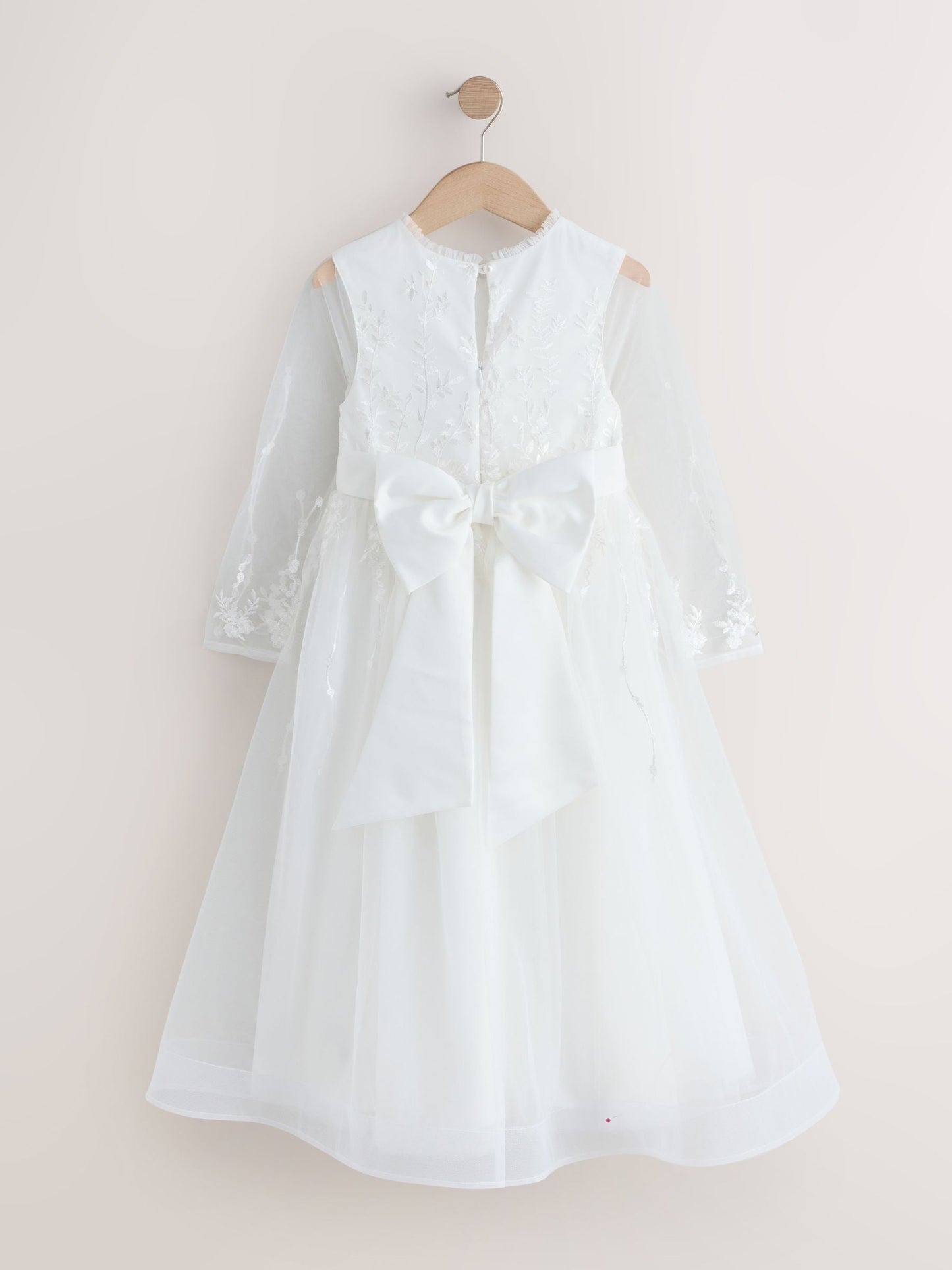 White Floral Embroidered Long Sleeve Flower Bow Dress (3-16yrs) image 7