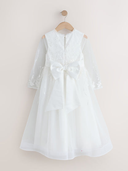 White Floral Embroidered Long Sleeve Flower Bow Dress (3-16yrs) image 7