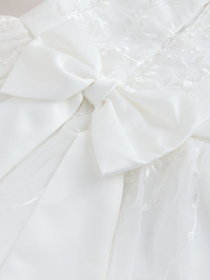White Floral Embroidered Long Sleeve Flower Bow Dress (3-16yrs) image 9