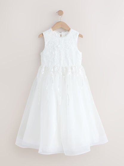 White Floral Embroidered Flower Bow Dress (3-16yrs) image 6