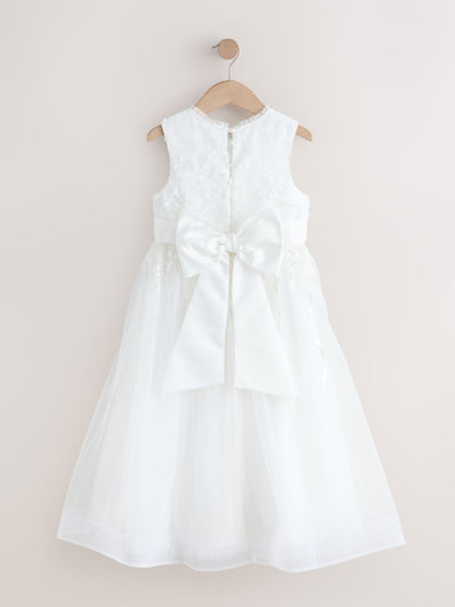 White Floral Embroidered Flower Bow Dress (3-16yrs) image 7