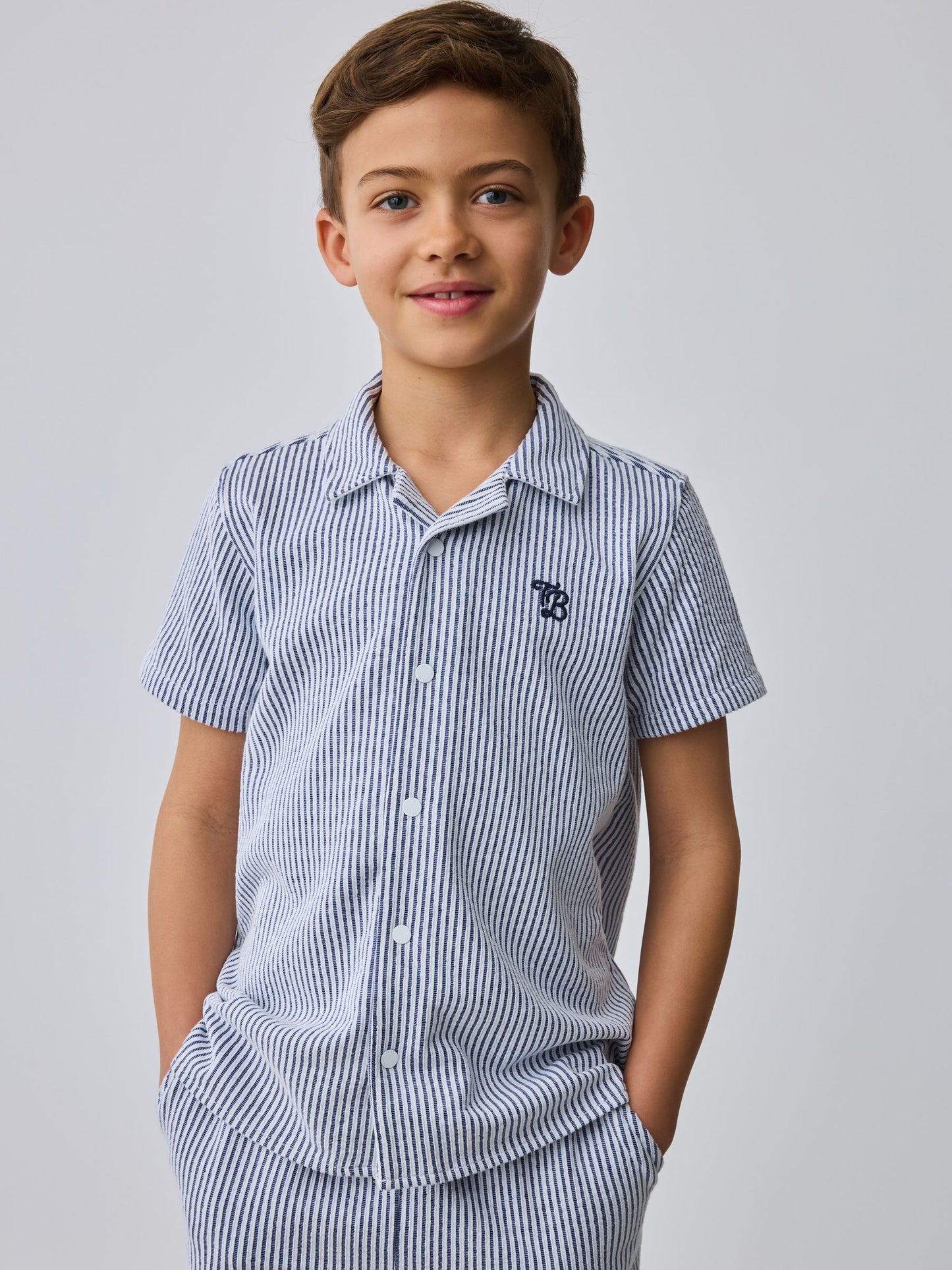 Baker by Ted Baker Navy Textured Stripe Shirt and Shorts Set image 5