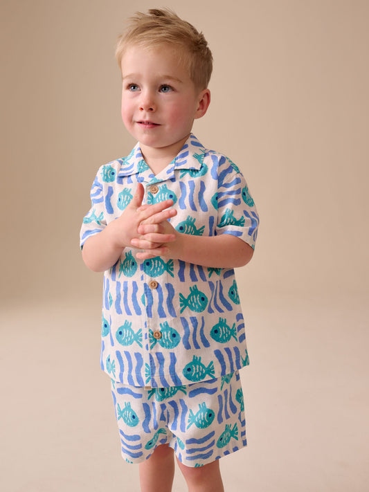 White/Blue Sea All Over Print Short Sleeve Revere Collar Shirt & Shorts Set (3mths-10yrs) image 1
