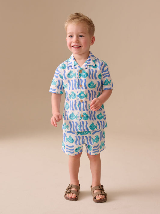 White/Blue Sea All Over Print Short Sleeve Revere Collar Shirt & Shorts Set (3mths-10yrs) image 2