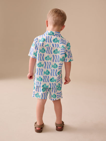 White/Blue Sea All Over Print Short Sleeve Revere Collar Shirt & Shorts Set (3mths-10yrs) image 3