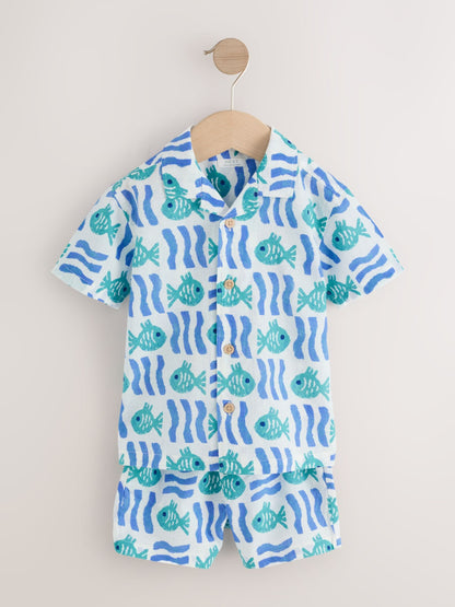 White/Blue Sea All Over Print Short Sleeve Revere Collar Shirt & Shorts Set (3mths-10yrs) image 5