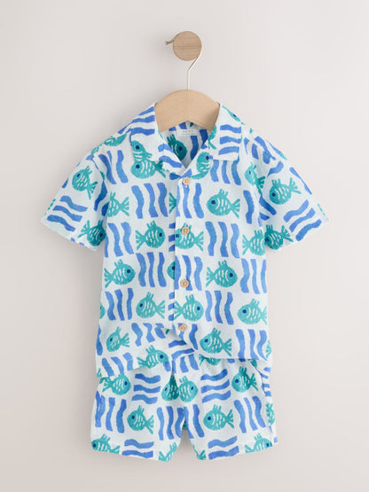 White/Blue Sea All Over Print Short Sleeve Revere Collar Shirt & Shorts Set (3mths-10yrs) image 6