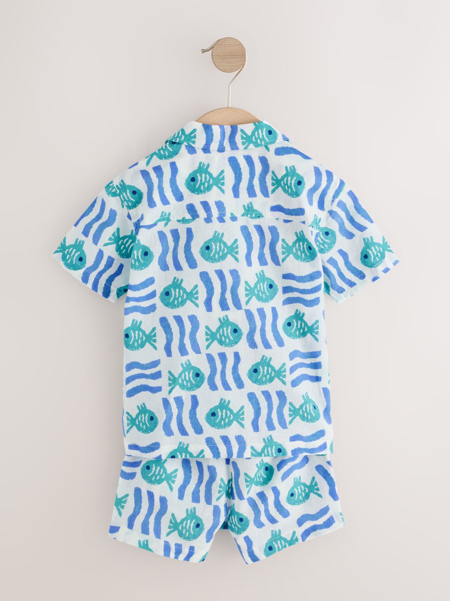 White/Blue Sea All Over Print Short Sleeve Revere Collar Shirt & Shorts Set (3mths-10yrs) image 7