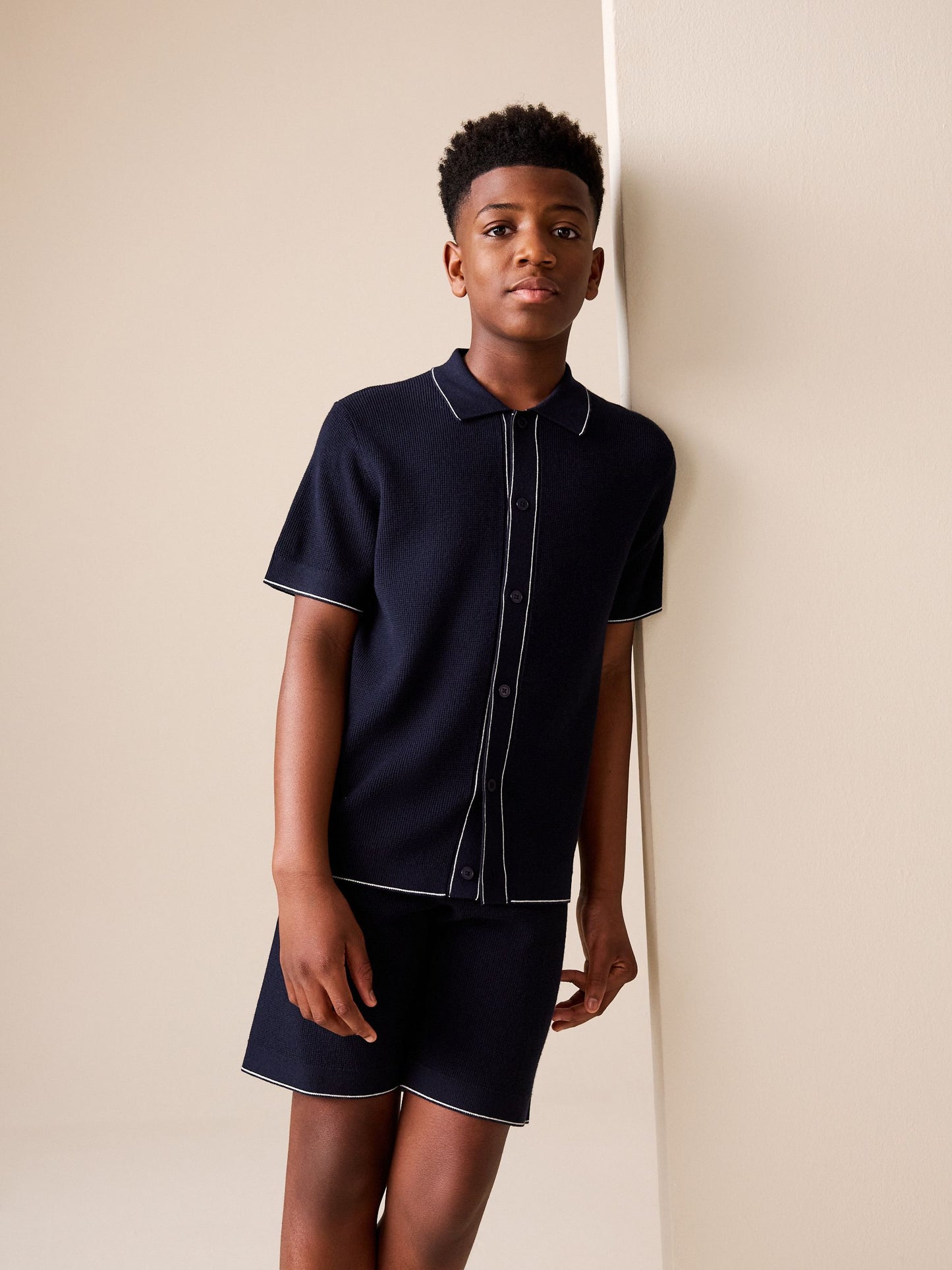 Dsiney Kidz - Navy Blue Textured Knitted Polo Shirt and Shorts Set (3-16yrs) image 1