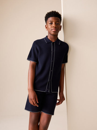 Dsiney Kidz - Navy Blue Textured Knitted Polo Shirt and Shorts Set (3-16yrs) image 1