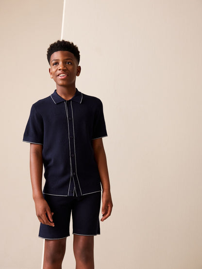 Dsiney Kidz - Navy Blue Textured Knitted Polo Shirt and Shorts Set (3-16yrs) image 2