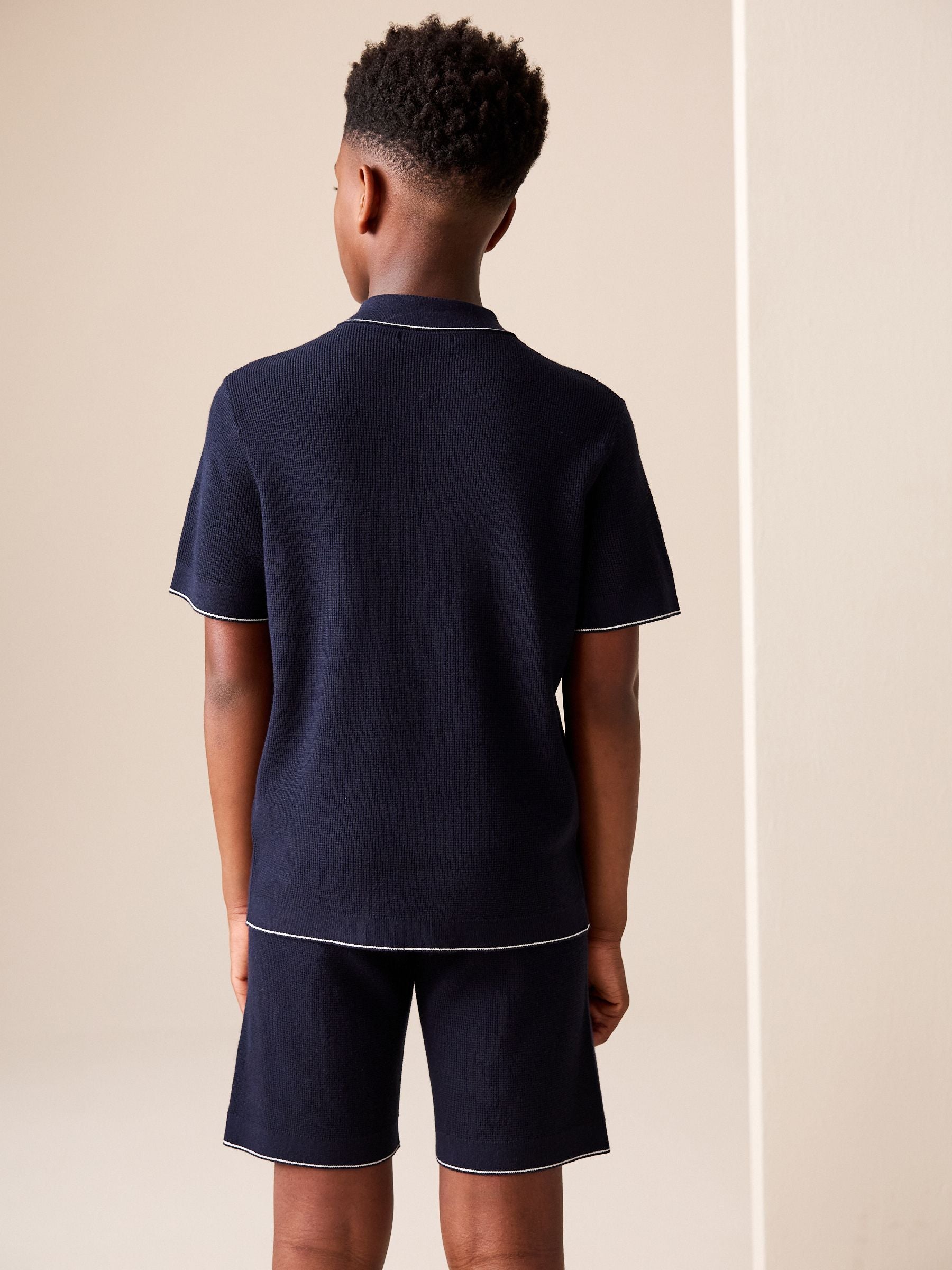 Dsiney Kidz - Navy Blue Textured Knitted Polo Shirt and Shorts Set (3-16yrs) image 3
