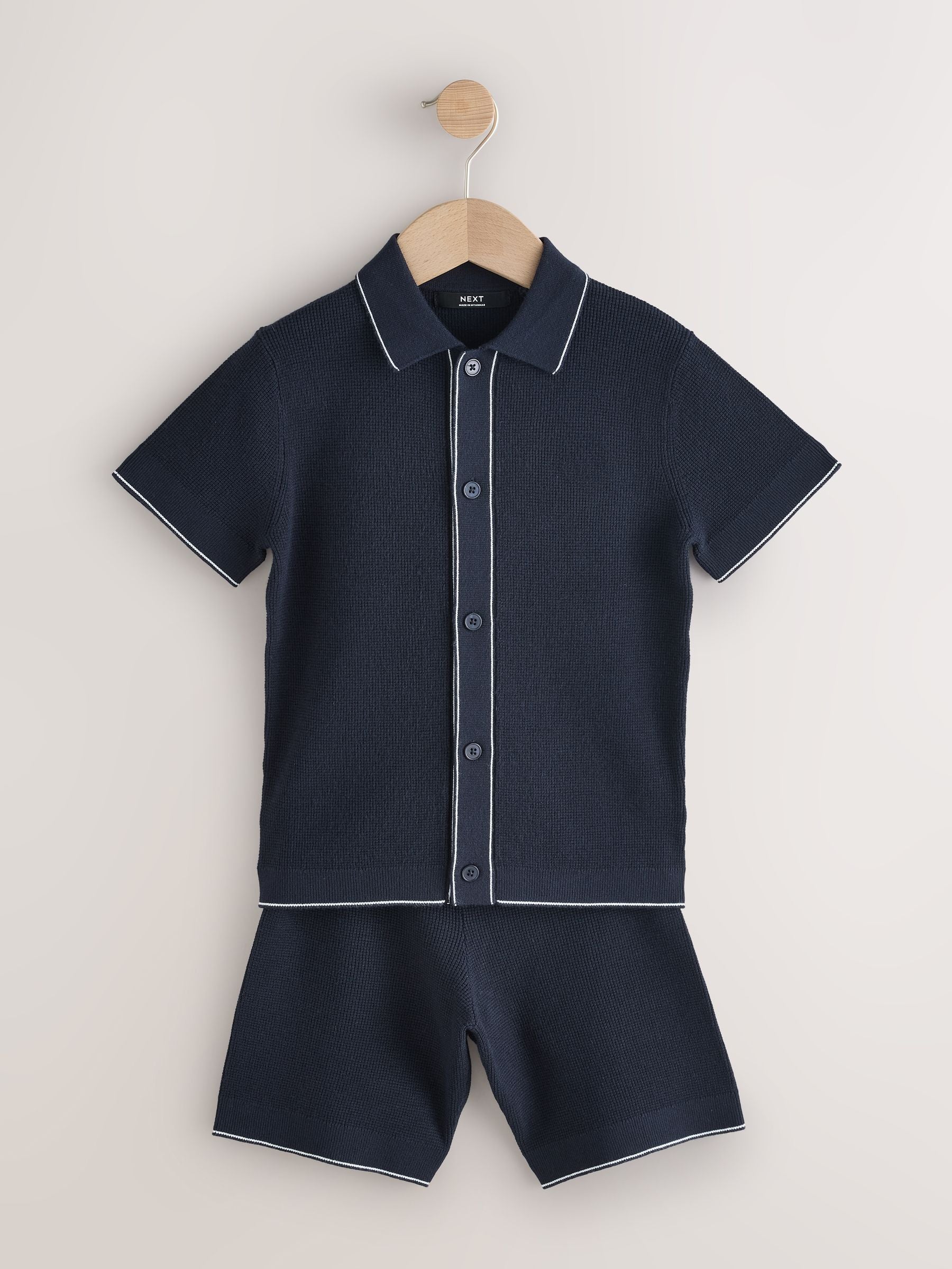 Dsiney Kidz - Navy Blue Textured Knitted Polo Shirt and Shorts Set (3-16yrs) image 4
