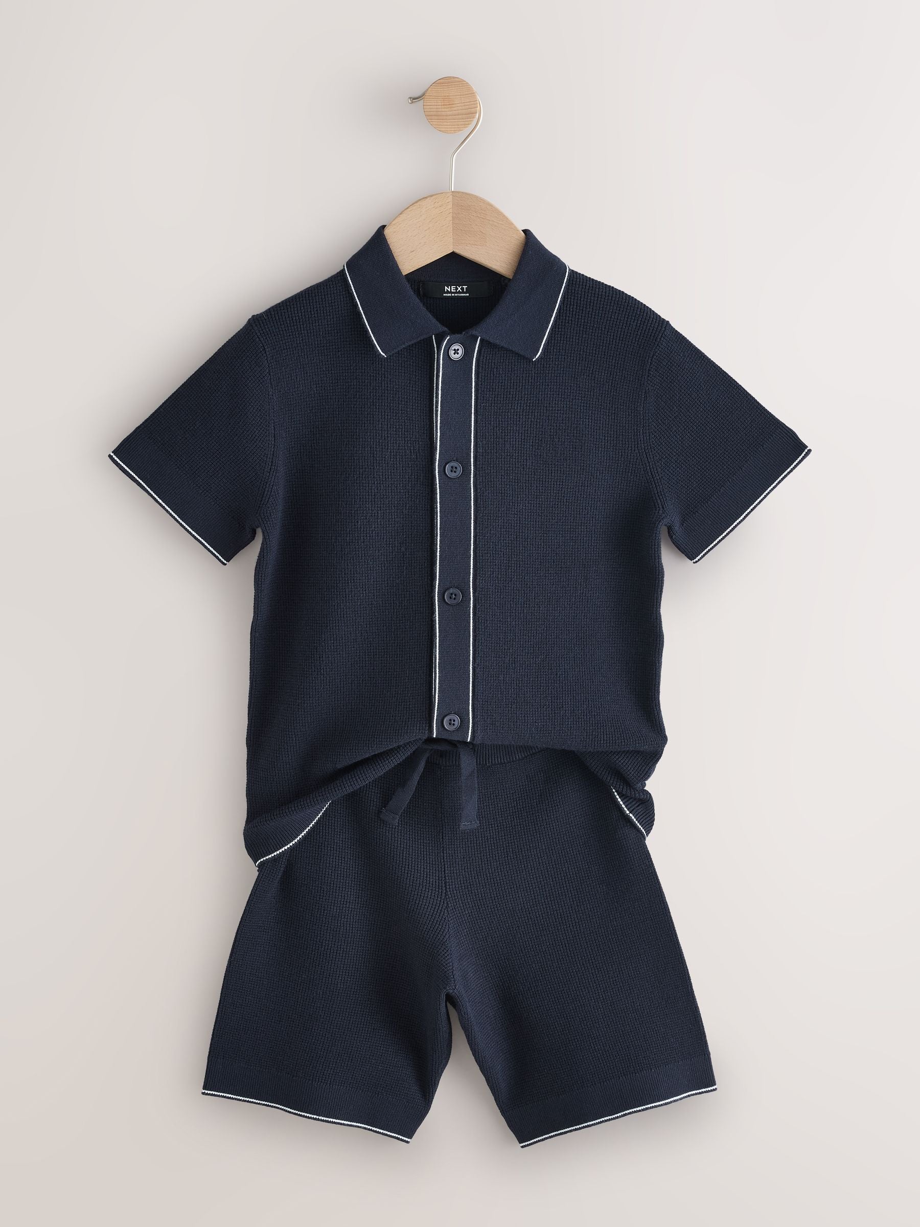Dsiney Kidz - Navy Blue Textured Knitted Polo Shirt and Shorts Set (3-16yrs) image 5