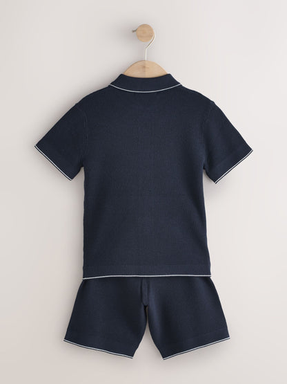 Dsiney Kidz - Navy Blue Textured Knitted Polo Shirt and Shorts Set (3-16yrs) image 6