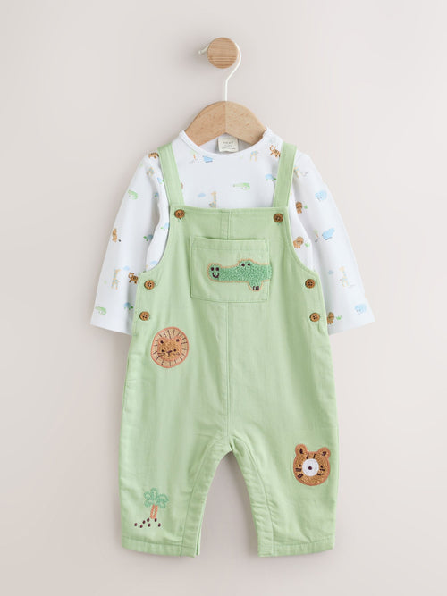 Green Safari Animal Baby Twill Dungarees and Bodysuit Set (0mths-2yrs) image 1