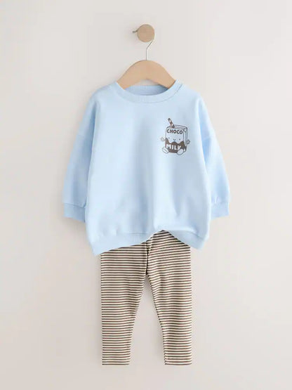 Blue Milk Print Sweatshirt And Leggings Set (3mths-7yrs)