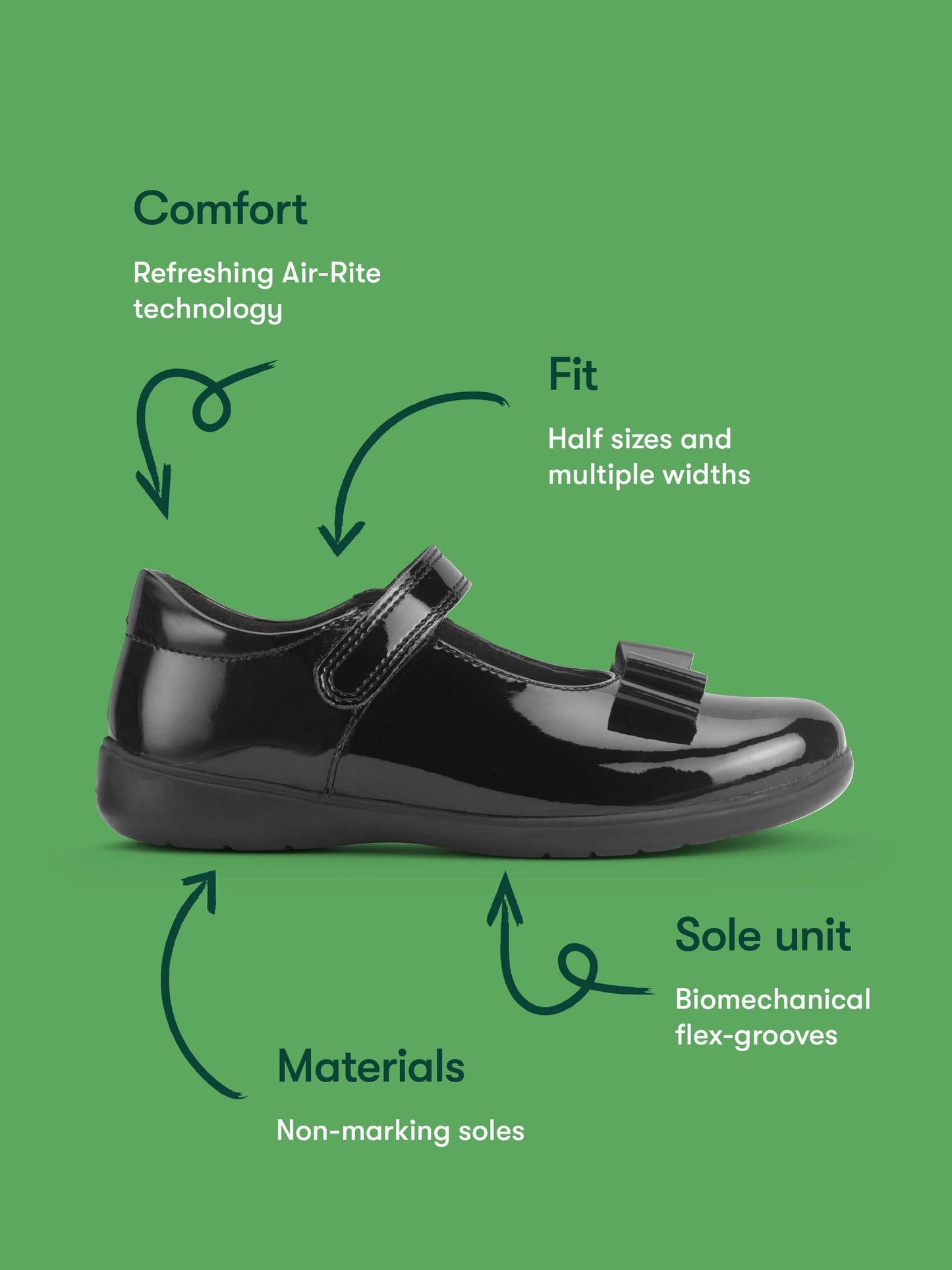 Start-Rite Black Patent Wide Fit Bella Shiny Mary Jane Bow Rip-Tape School Shoes image 6