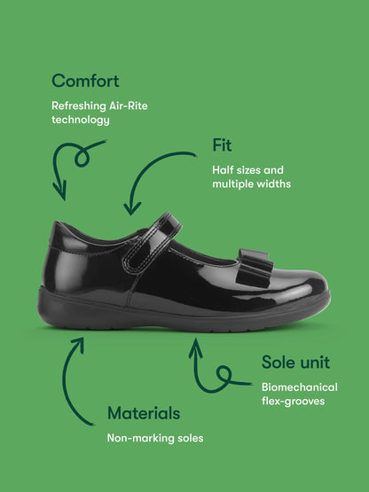 Start-Rite Black Patent Wide Fit Bella Shiny Mary Jane Bow Rip-Tape School Shoes image 6