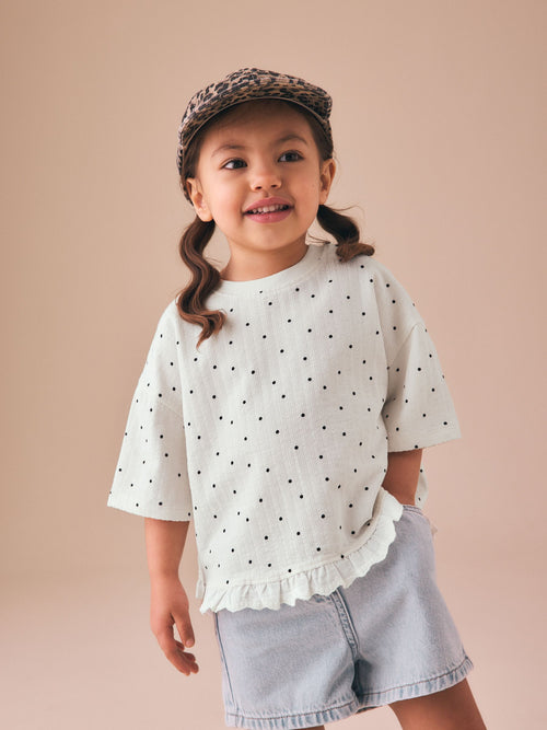 Dsiney Kidz - Ecru White Mono Spot Short Sleeve Frill Hem Top (3mths-7yrs) image 1