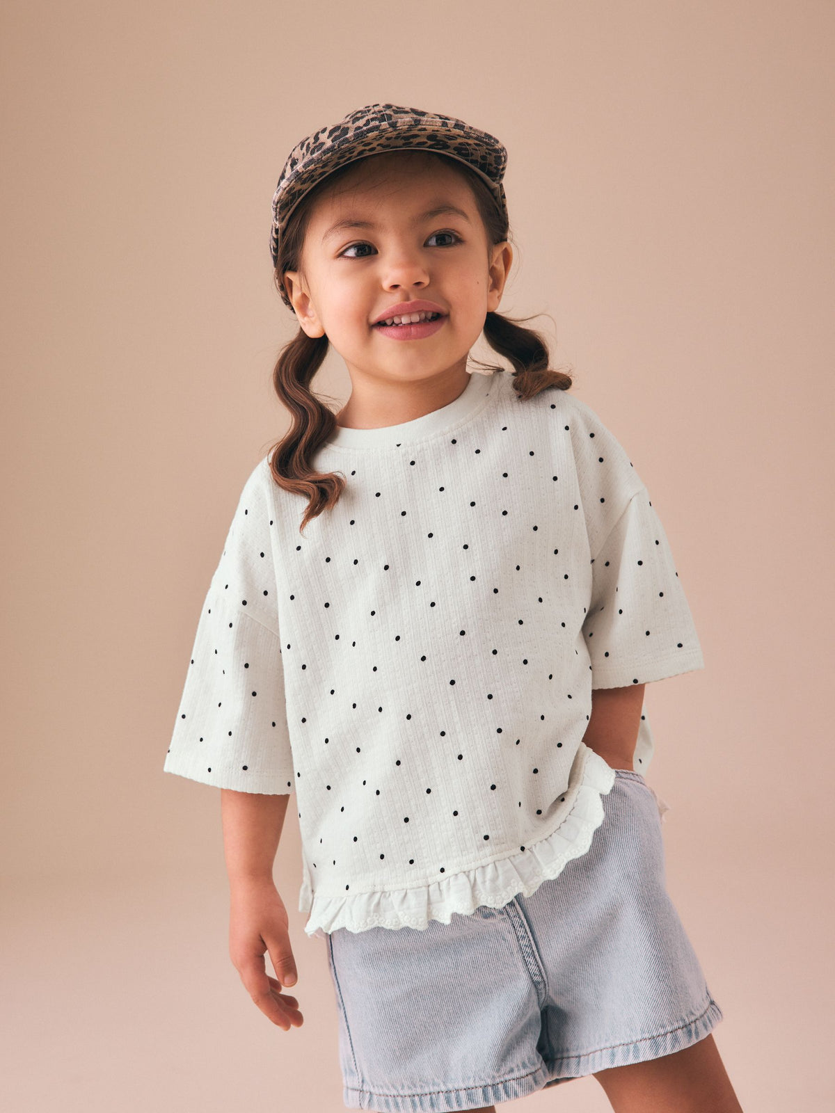Dsiney Kidz - Ecru White Mono Spot Short Sleeve Frill Hem Top (3mths-7yrs) image 1