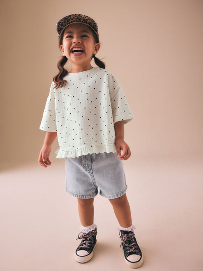 Dsiney Kidz - Ecru White Mono Spot Short Sleeve Frill Hem Top (3mths-7yrs) image 2