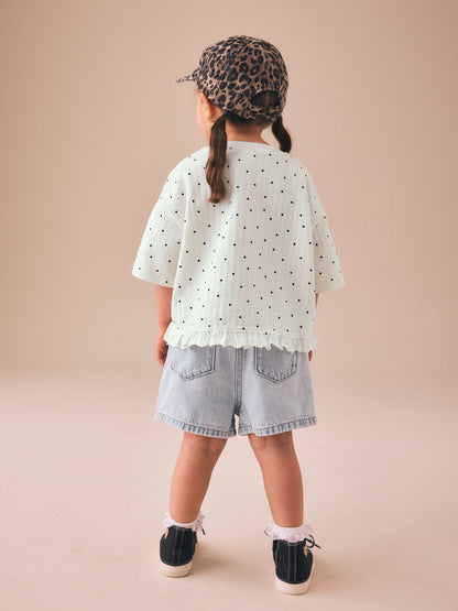 Dsiney Kidz - Ecru White Mono Spot Short Sleeve Frill Hem Top (3mths-7yrs) image 3
