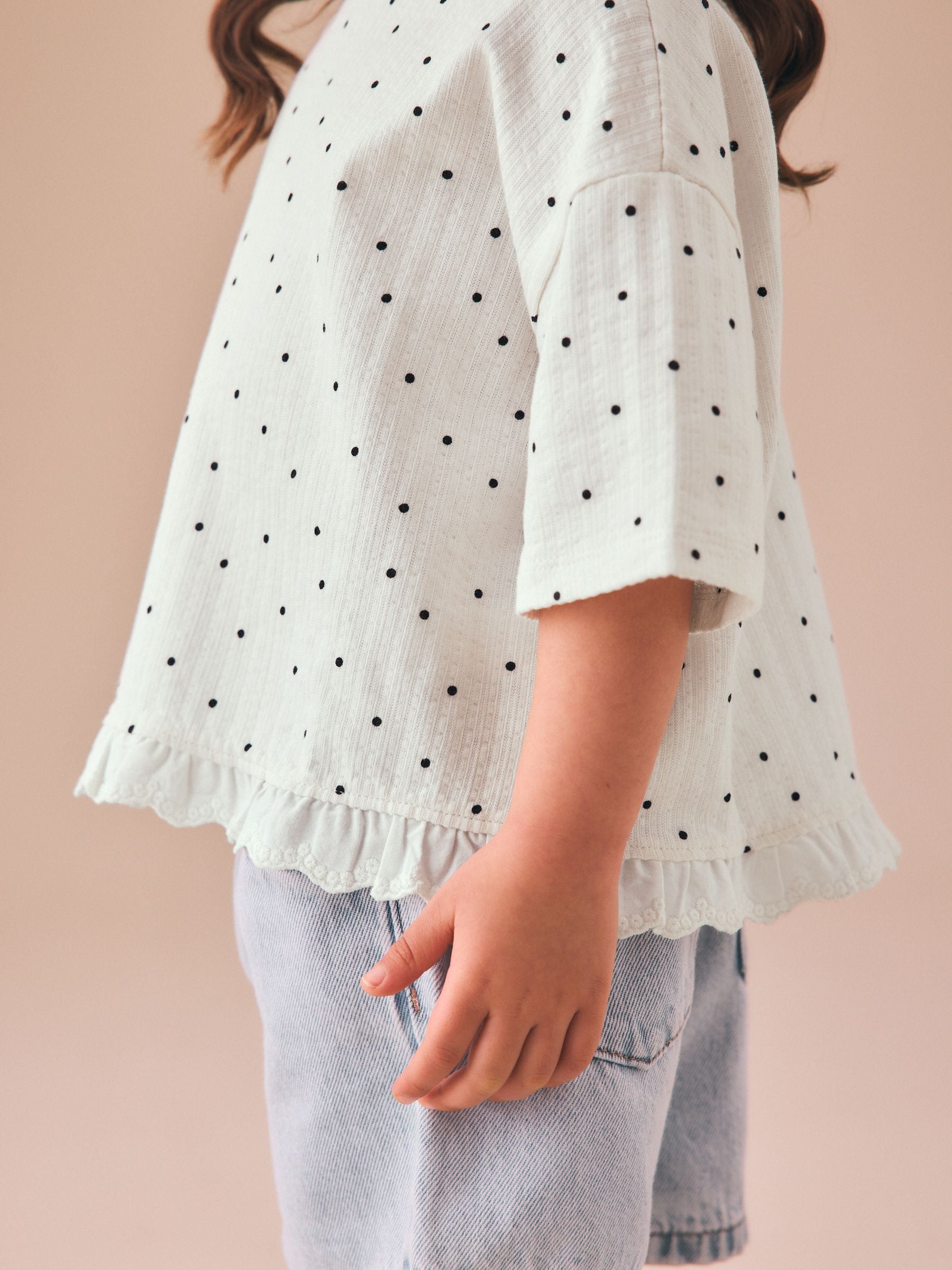Dsiney Kidz - Ecru White Mono Spot Short Sleeve Frill Hem Top (3mths-7yrs) image 4