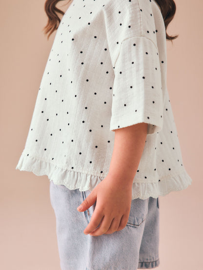 Dsiney Kidz - Ecru White Mono Spot Short Sleeve Frill Hem Top (3mths-7yrs) image 4