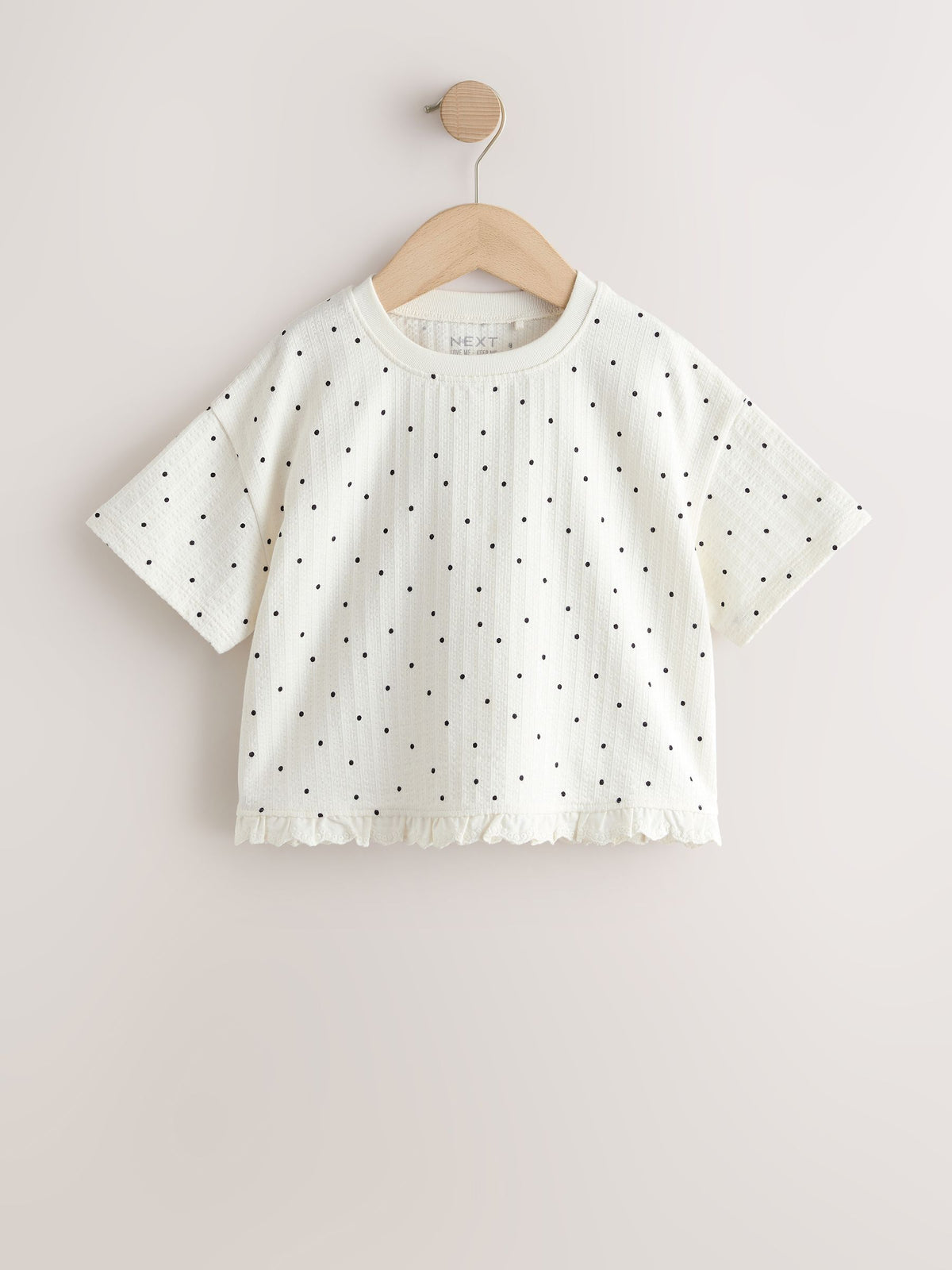 Dsiney Kidz - Ecru White Mono Spot Short Sleeve Frill Hem Top (3mths-7yrs) image 5
