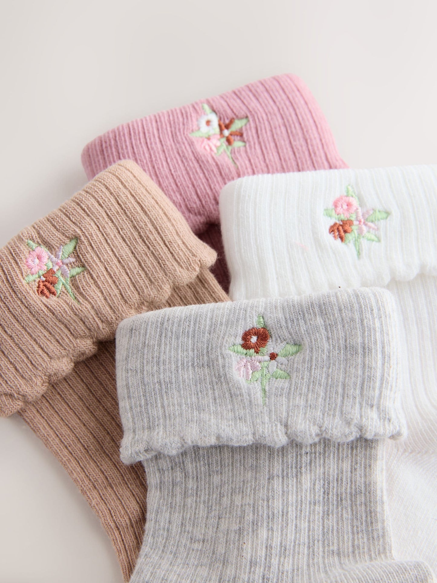 Pink, Grey and Cream Cotton Rich Embroidered Roll Top Ankle Socks 4 Pack image 2