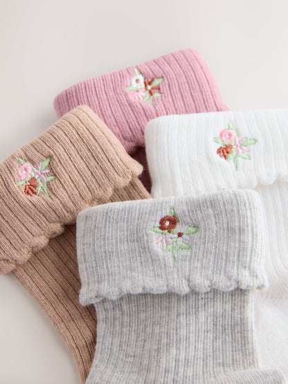 Pink, Grey and Cream Cotton Rich Embroidered Roll Top Ankle Socks 4 Pack image 2