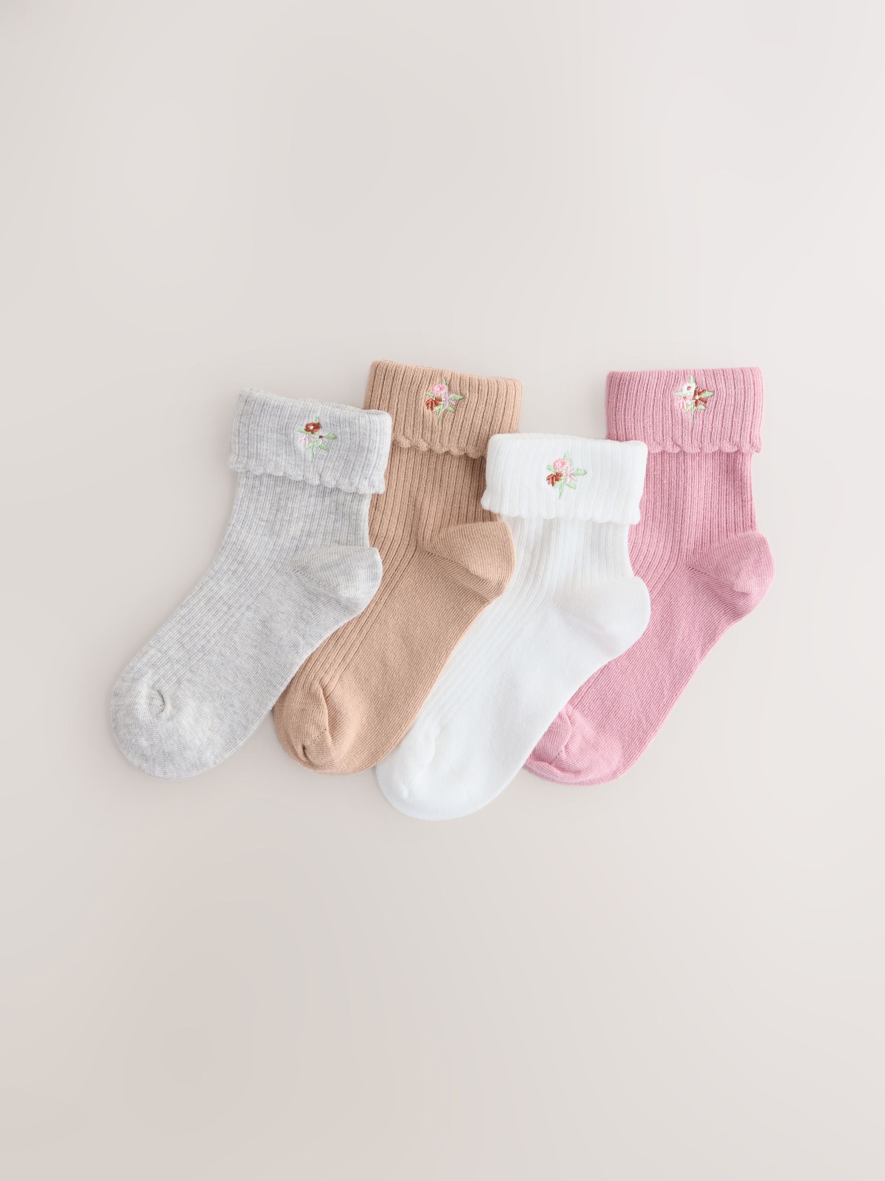 Pink, Grey and Cream Cotton Rich Embroidered Roll Top Ankle Socks 4 Pack image 1