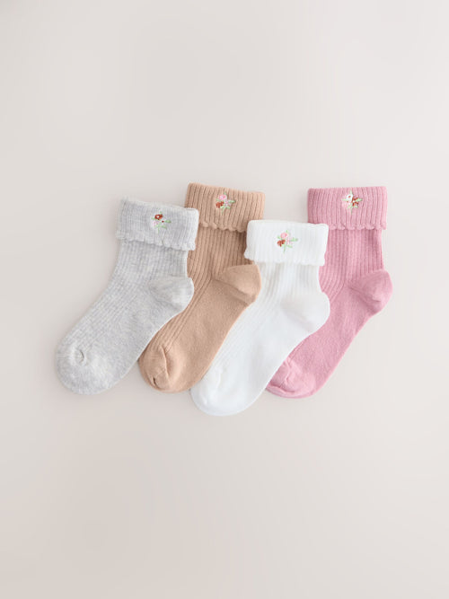 Pink, Grey and Cream Cotton Rich Embroidered Roll Top Ankle Socks 4 Pack image 1