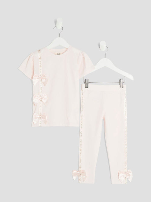 River Island Pink Girls Branded Bow T-Shirt Set image 1