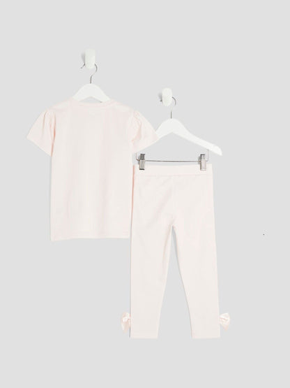 River Island Pink Girls Branded Bow T-Shirt Set image 2