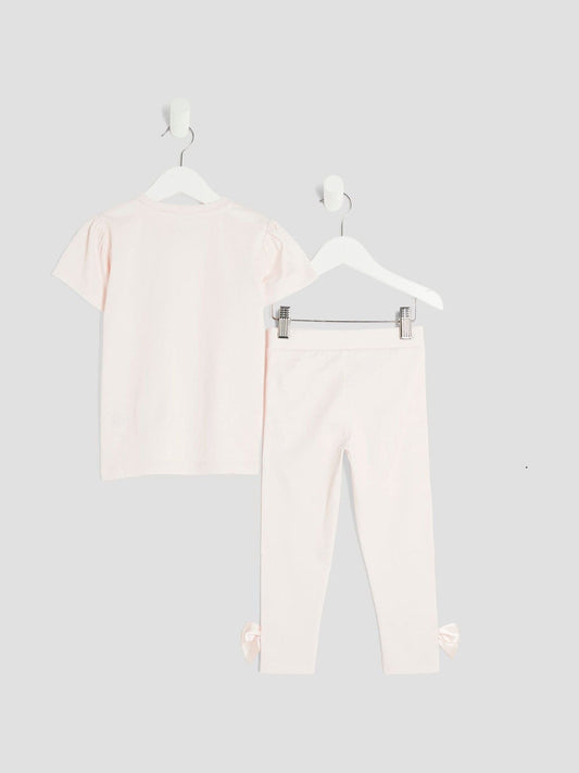 River Island Pink Girls Branded Bow T-Shirt Set image 2