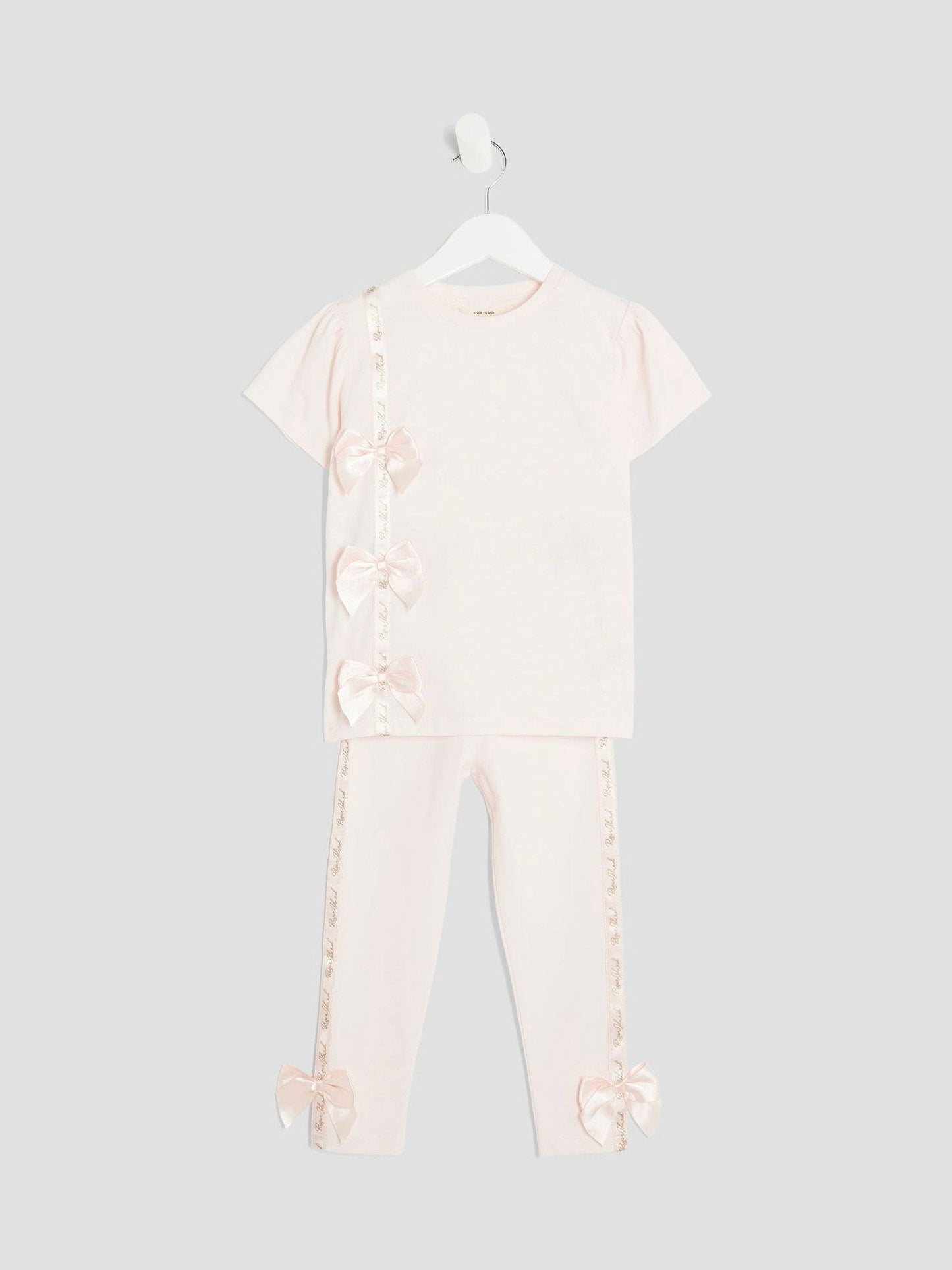 River Island Pink Girls Branded Bow T-Shirt Set image 3