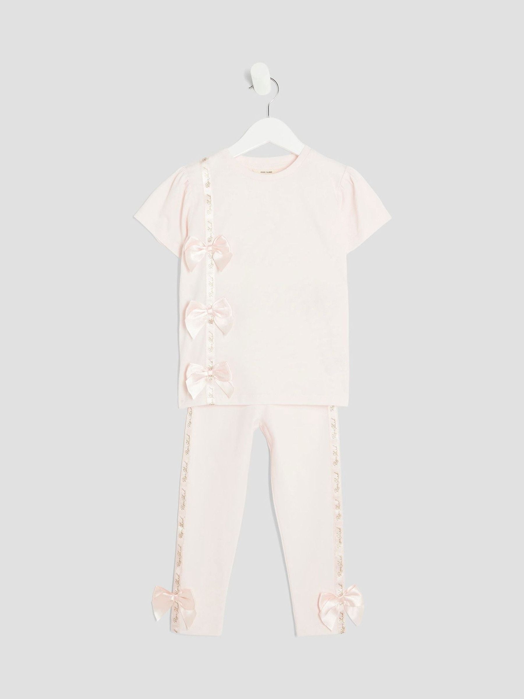 River Island Pink Girls Branded Bow T-Shirt Set image 3