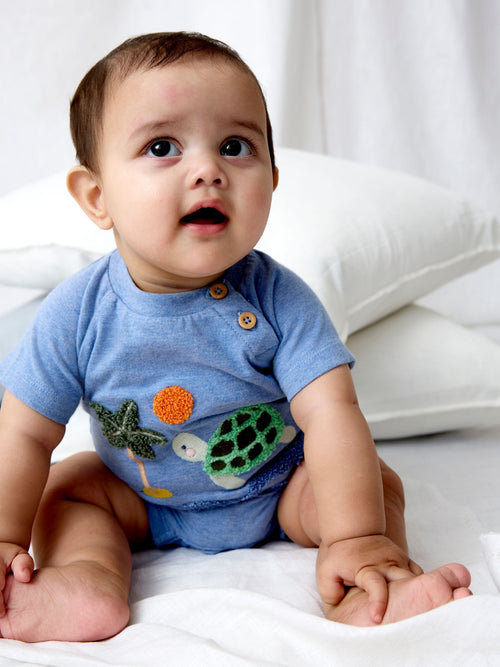 JoJo Maman Bébé Blue Turtle Appliqué Romper & Hat Set image 1
