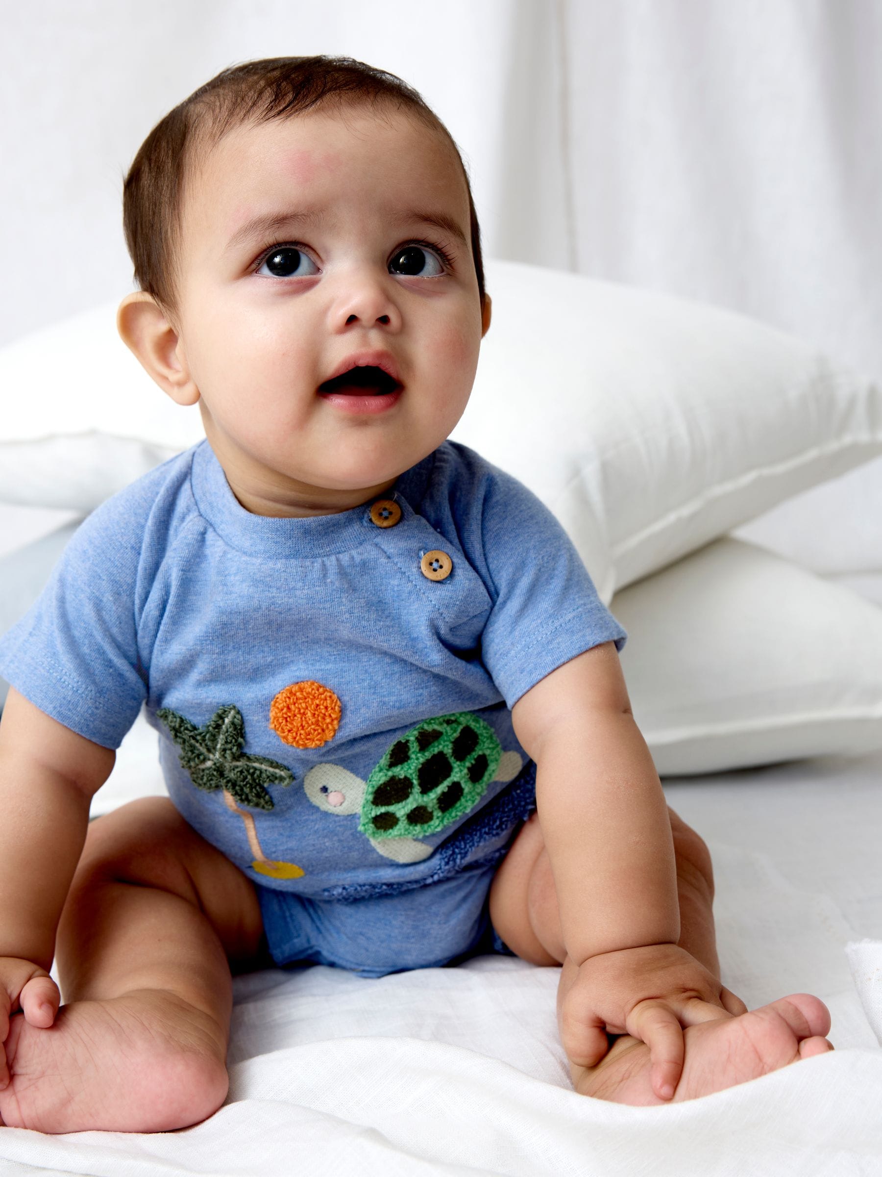 JoJo Maman Bébé Blue Turtle Appliqué Romper & Hat Set image 1